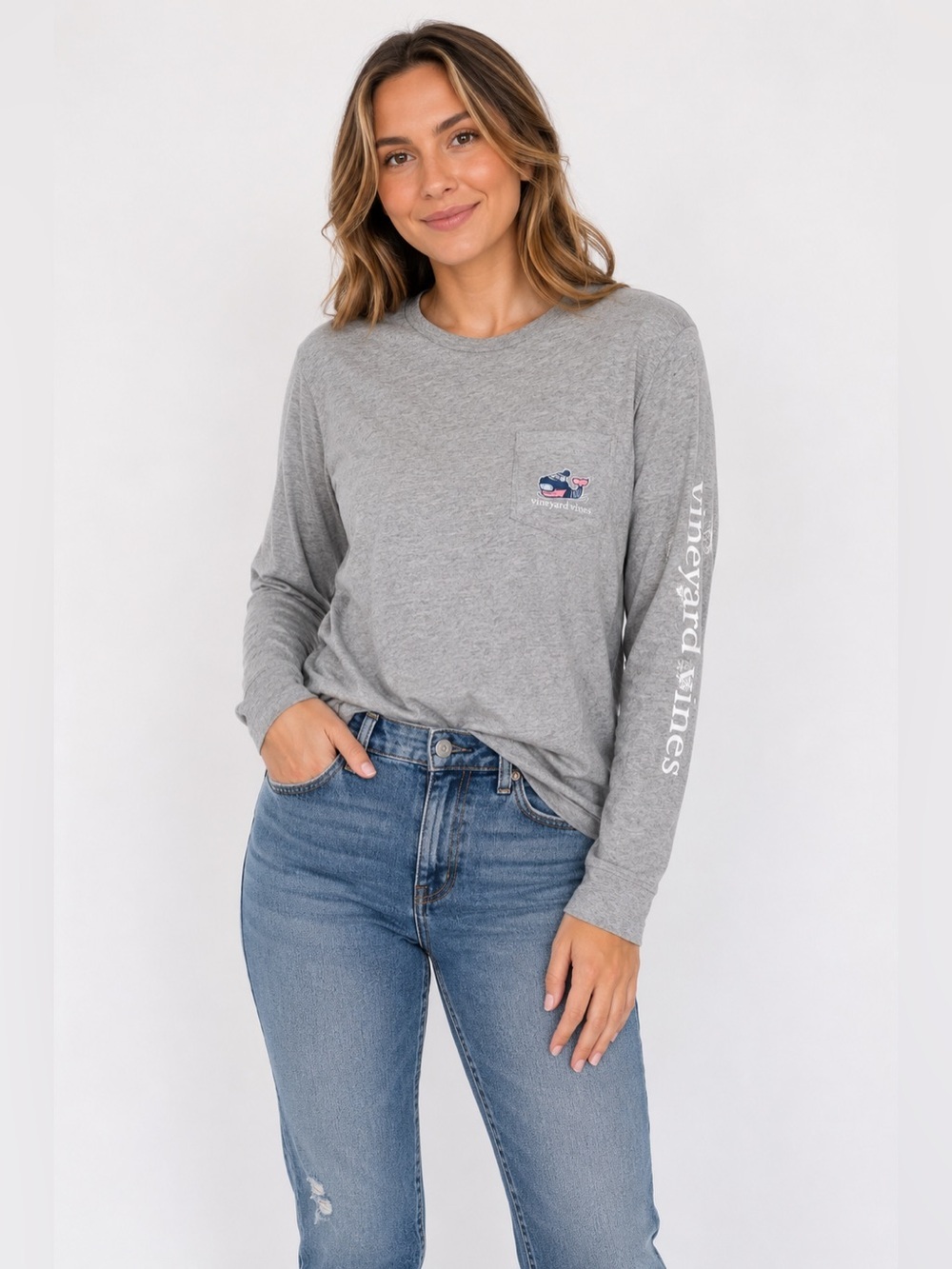 Vineyard Vines Gray Long Sleeve Pocket T Shirt Whale Logo Graphic Women XS